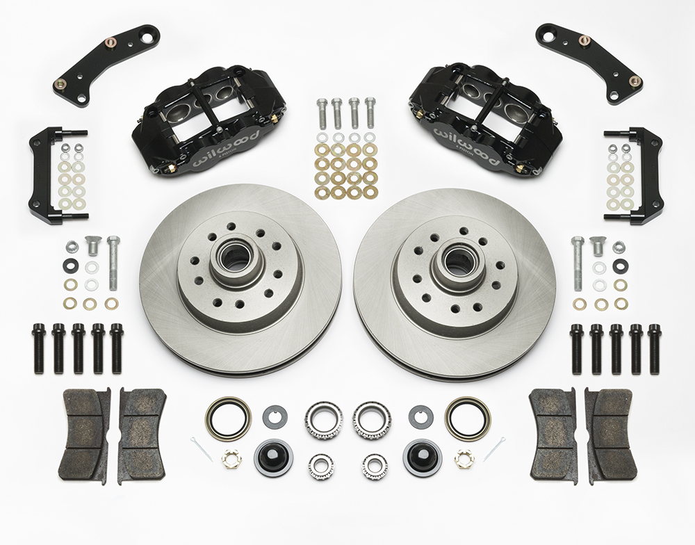 Wilwood Classic Series Forged Narrow Superlite 6R Front Brake Kit Parts Laid Out - Black Powder Coat Caliper - Plain Face Rotor