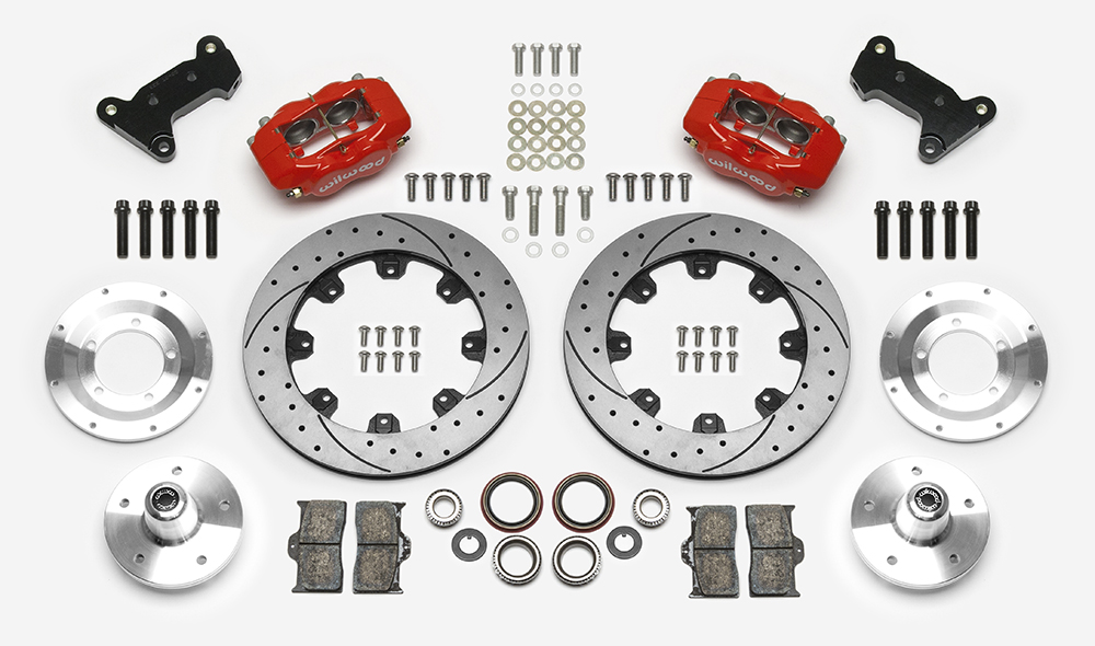 Wilwood Forged Dynalite Big Brake Front Brake Kit (5 x 5 Hub) Parts Laid Out - Red Powder Coat Caliper - SRP Drilled & Slotted Rotor