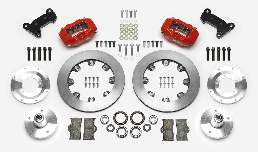 Wilwood Forged Dynalite Big Brake Front Brake Kit (5 x 5 Hub) Parts Laid Out - Red Powder Coat Caliper - Plain Face Rotor