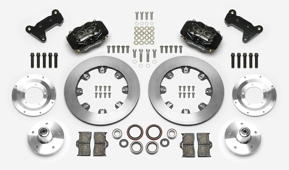 Wilwood Forged Dynalite Big Brake Front Brake Kit (5 x 5 Hub) Parts Laid Out - Black Powder Coat Caliper - Plain Face Rotor