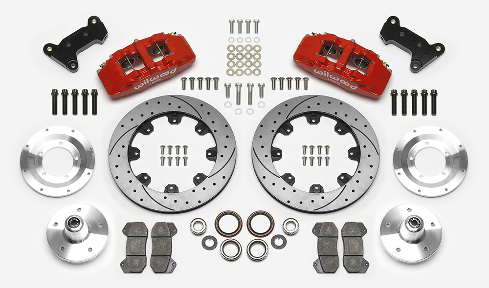 Wilwood Forged Dynapro 6 Big Brake Front Brake Kit (5 x 5 Hub) Parts Laid Out - Red Powder Coat Caliper - SRP Drilled & Slotted Rotor