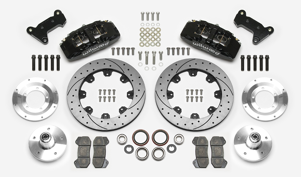 Wilwood Forged Dynapro 6 Big Brake Front Brake Kit (5 x 5 Hub) Parts Laid Out - Black Powder Coat Caliper - SRP Drilled & Slotted Rotor