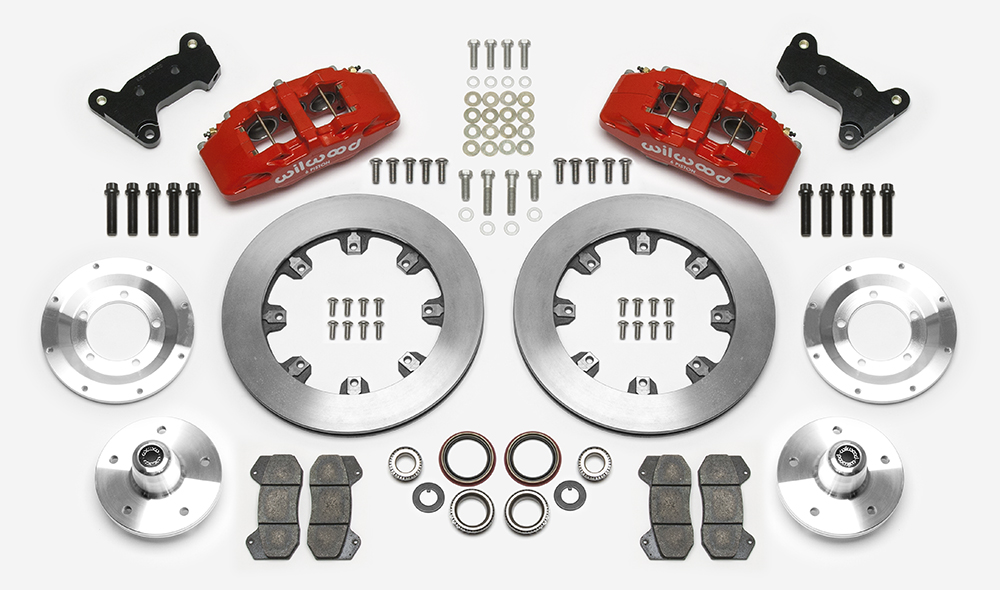 Wilwood Forged Dynapro 6 Big Brake Front Brake Kit (5 x 5 Hub) Parts Laid Out - Red Powder Coat Caliper - Plain Face Rotor