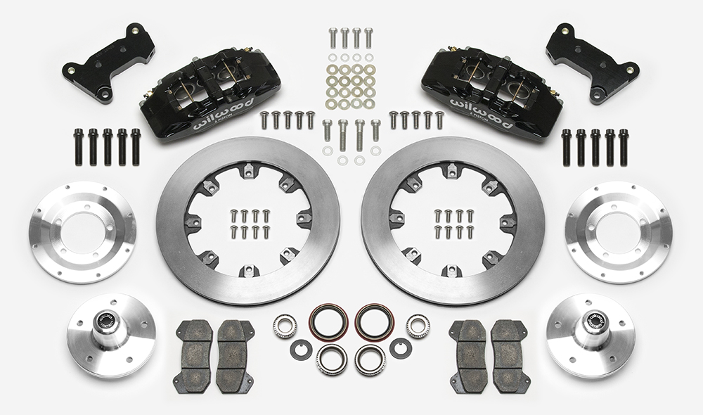 Wilwood Forged Dynapro 6 Big Brake Front Brake Kit (5 x 5 Hub) Parts Laid Out - Black Powder Coat Caliper - Plain Face Rotor