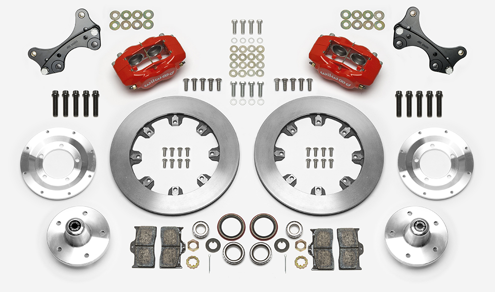 Wilwood Forged Dynalite Big Brake Front Brake Kit (5 x 5 Hub) Parts Laid Out - Red Powder Coat Caliper - Plain Face Rotor