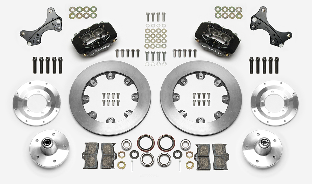 Wilwood Forged Dynalite Big Brake Front Brake Kit (5 x 5 Hub) Parts Laid Out - Black Powder Coat Caliper - Plain Face Rotor