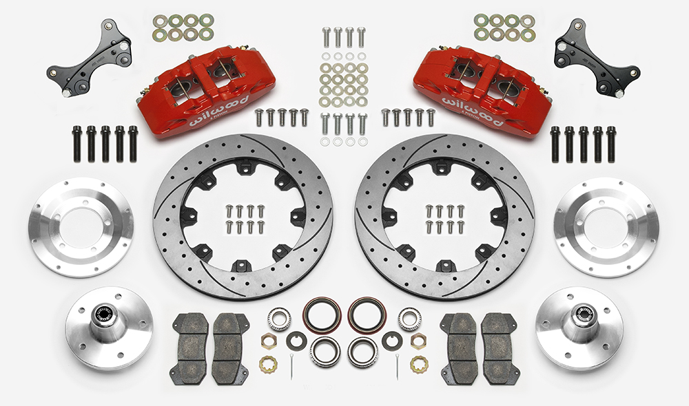 Wilwood Forged Dynapro 6 Big Brake Front Brake Kit (5 x 5 Hub) Parts Laid Out - Red Powder Coat Caliper - SRP Drilled & Slotted Rotor