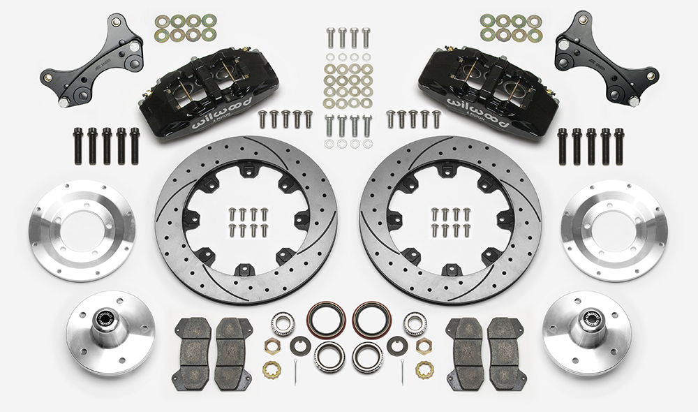 Wilwood Forged Dynapro 6 Big Brake Front Brake Kit (5 x 5 Hub) Parts Laid Out - Black Powder Coat Caliper - SRP Drilled & Slotted Rotor