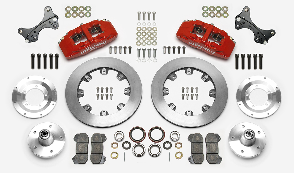 Wilwood Forged Dynapro 6 Big Brake Front Brake Kit (5 x 5 Hub) Parts Laid Out - Red Powder Coat Caliper - Plain Face Rotor