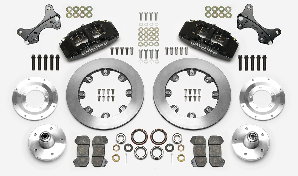 Wilwood Forged Dynapro 6 Big Brake Front Brake Kit (5 x 5 Hub) Parts Laid Out - Black Powder Coat Caliper - Plain Face Rotor