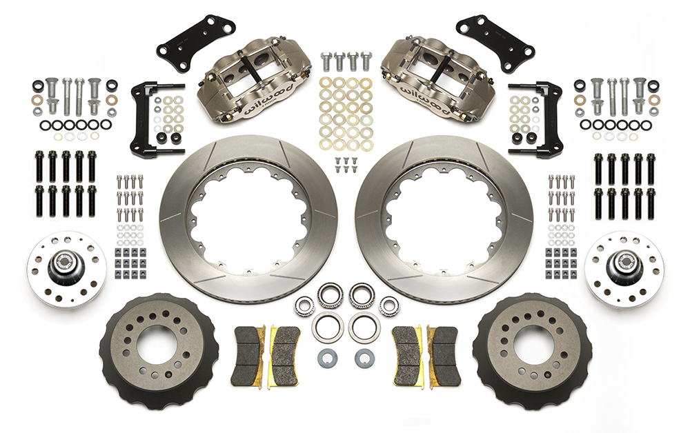 Wilwood Forged Narrow Superlite 6R Big Brake Dynamic Front Brake Kit (Hub) Parts Laid Out - Nickel Plate Caliper - GT Slotted Rotor