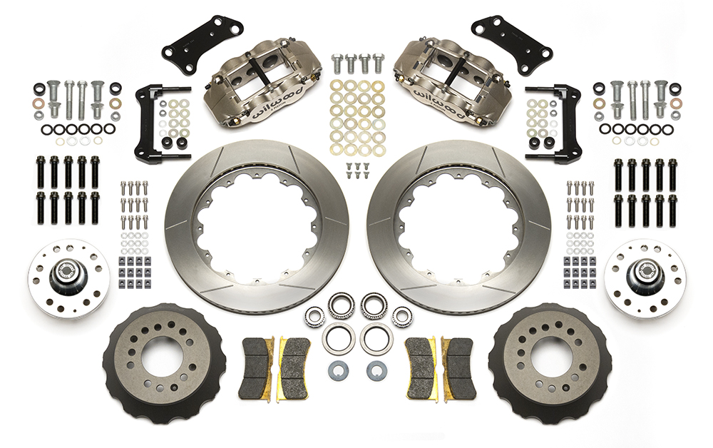Wilwood Forged Narrow Superlite 6R Big Brake Dynamic Front Brake Kit (Hub) Parts Laid Out - Nickel Plate Caliper - GT Slotted Rotor