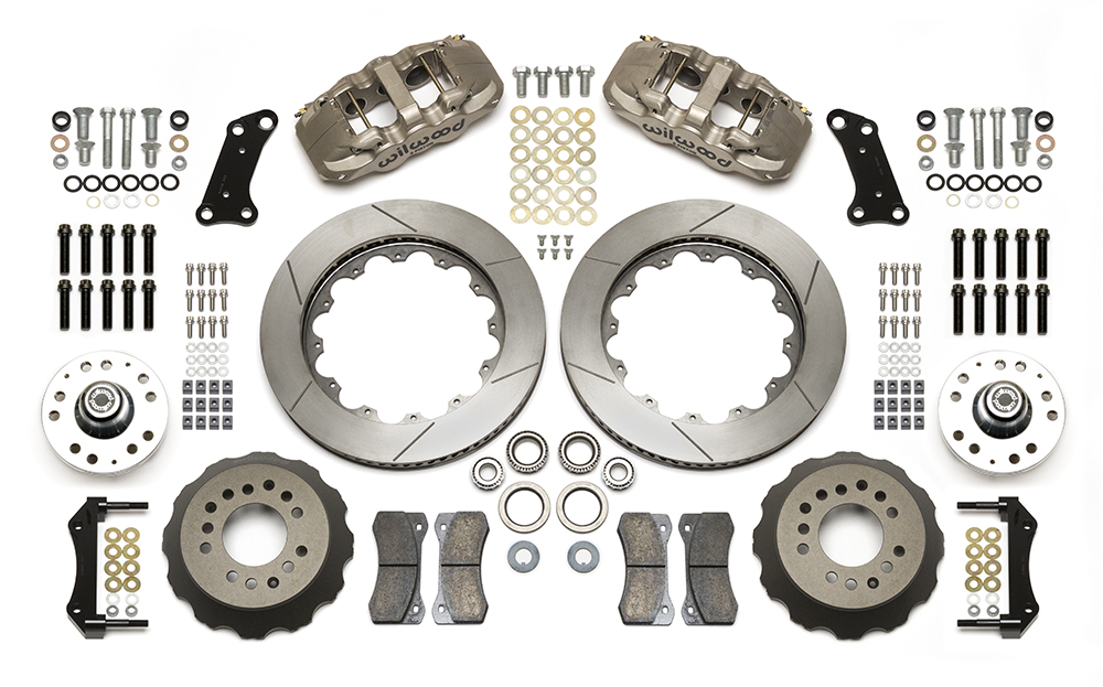 Wilwood AERO6 Big Brake Dynamic Front Brake Kit Parts Laid Out - Nickel Plate Caliper - GT Slotted Rotor