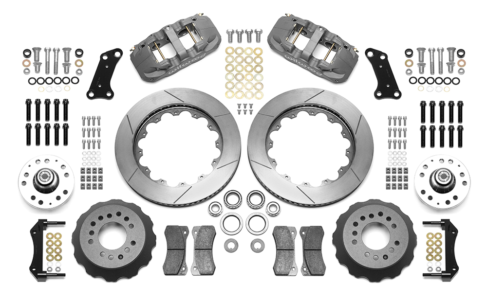 Wilwood AERO6 Big Brake Dynamic Front Brake Kit Parts Laid Out - Type III Anodize Caliper - GT Slotted Rotor