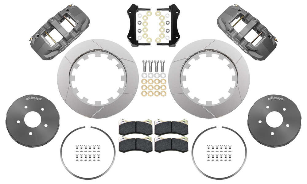 Wilwood AERO6 Big Brake Front Brake Kit (Race) Parts Laid Out - Type III Anodize Caliper - GT Slotted Rotor