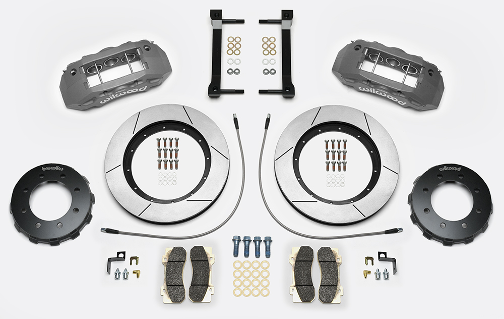 Wilwood TX6R Big Brake Truck Front Brake Kit Parts Laid Out - Type III Anodize Caliper - GT Slotted Rotor