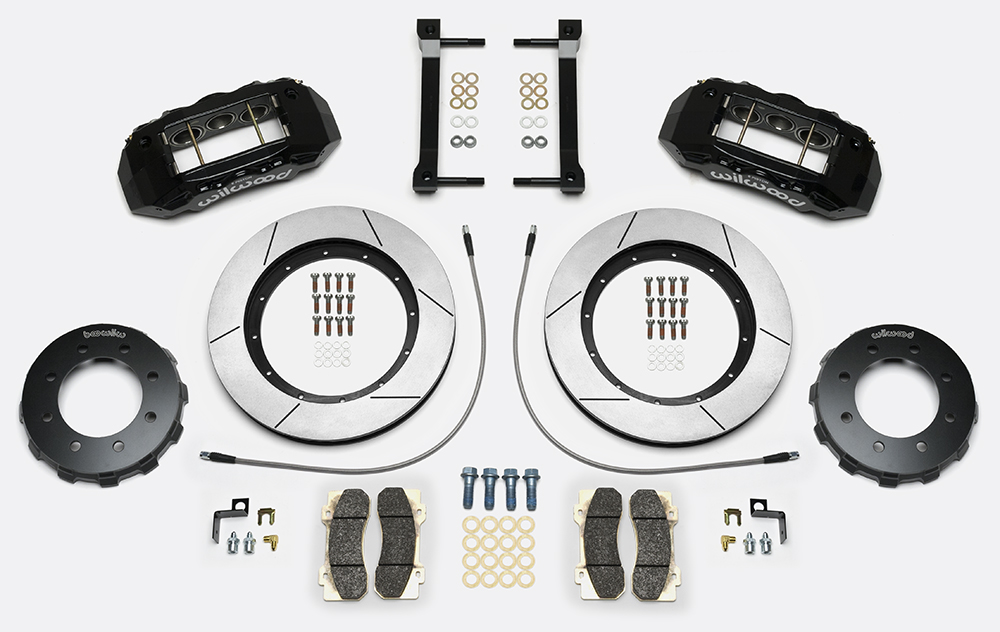 Wilwood TX6R Big Brake Truck Front Brake Kit Parts Laid Out - Black Powder Coat Caliper - GT Slotted Rotor