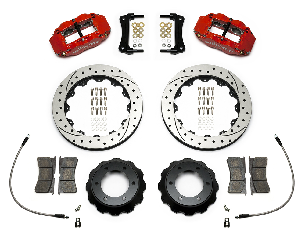 Wilwood Forged Narrow Superlite 6R Big Brake Front Brake Kit (Hat) Parts Laid Out - Red Powder Coat Caliper - SRP Drilled & Slotted Rotor