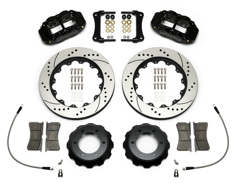 Wilwood Forged Narrow Superlite 6R Big Brake Front Brake Kit (Hat) Parts Laid Out - Black Powder Coat Caliper - SRP Drilled & Slotted Rotor