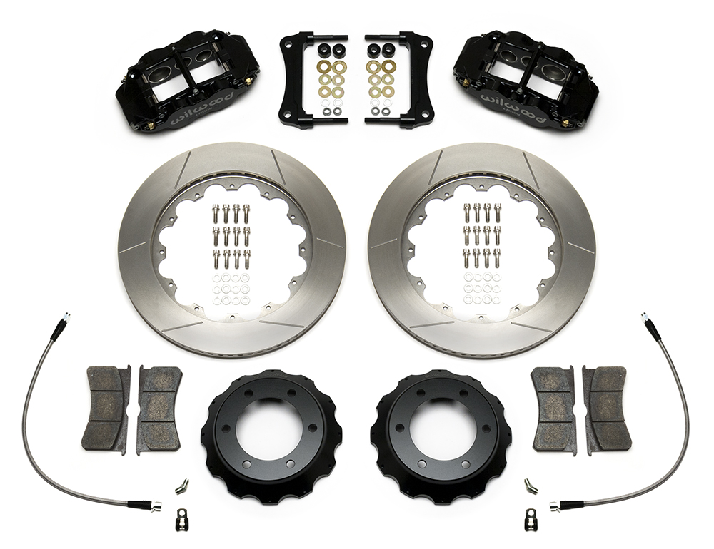 Wilwood Forged Narrow Superlite 6R Big Brake Front Brake Kit (Hat) Parts Laid Out - Black Powder Coat Caliper - GT Slotted Rotor