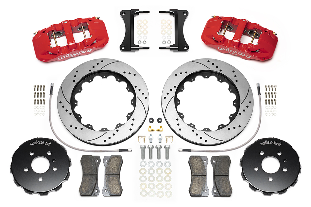 Wilwood AERO6 Big Brake Front Brake Kit Parts Laid Out - Red Powder Coat Caliper - SRP Drilled & Slotted Rotor