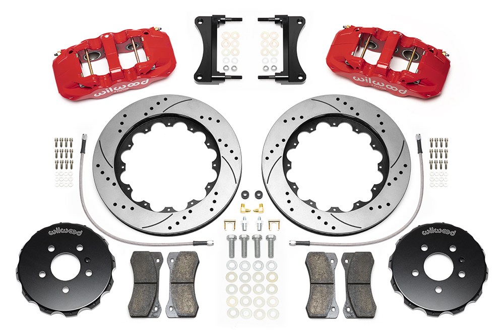 Wilwood AERO6 Big Brake Front Brake Kit Parts Laid Out - Red Powder Coat Caliper - SRP Drilled & Slotted Rotor