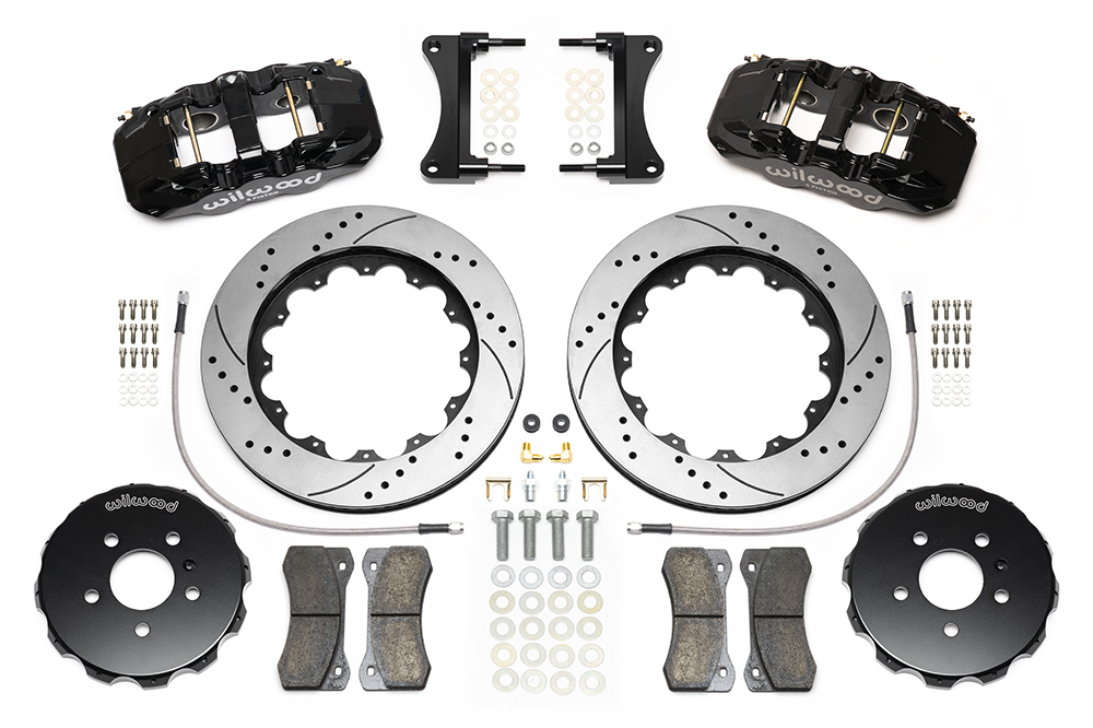 Wilwood AERO6 Big Brake Front Brake Kit Parts Laid Out - Black Powder Coat Caliper - SRP Drilled & Slotted Rotor