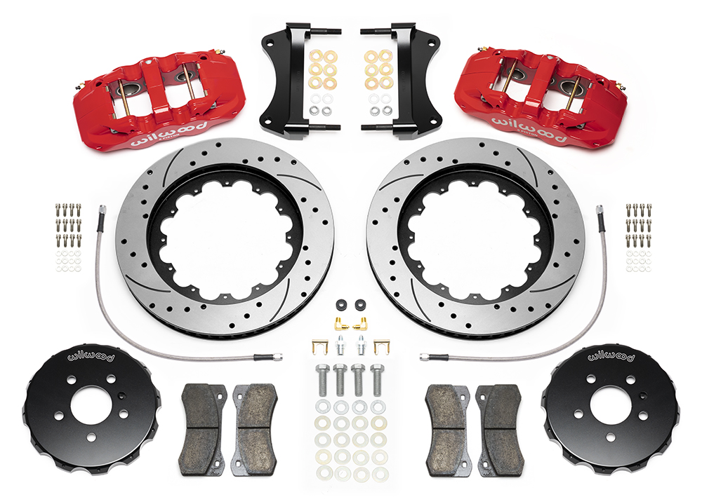 Wilwood AERO6 Big Brake Front Brake Kit Parts Laid Out - Red Powder Coat Caliper - SRP Drilled & Slotted Rotor