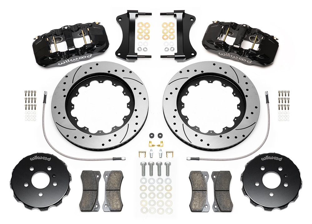 Wilwood AERO6 Big Brake Front Brake Kit Parts Laid Out - Black Powder Coat Caliper - SRP Drilled & Slotted Rotor