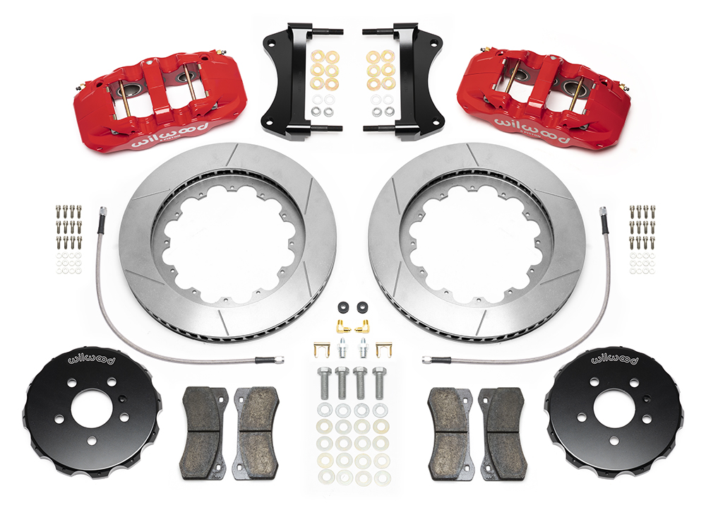 Wilwood AERO6 Big Brake Front Brake Kit Parts Laid Out - Red Powder Coat Caliper - GT Slotted Rotor