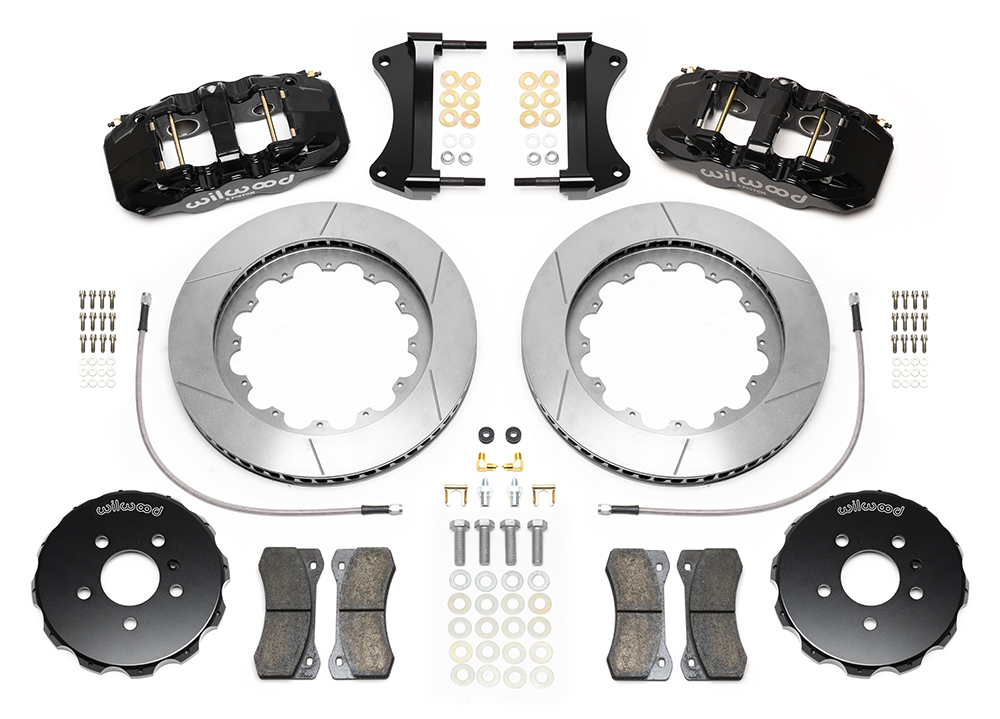 Wilwood AERO6 Big Brake Front Brake Kit Parts Laid Out - Black Powder Coat Caliper - GT Slotted Rotor