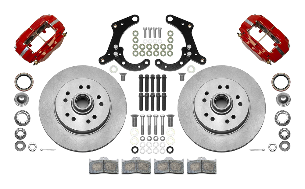 Wilwood Classic Series Dynalite Front Brake Kit Parts Laid Out - Red Powder Coat Caliper - Plain Face Rotor