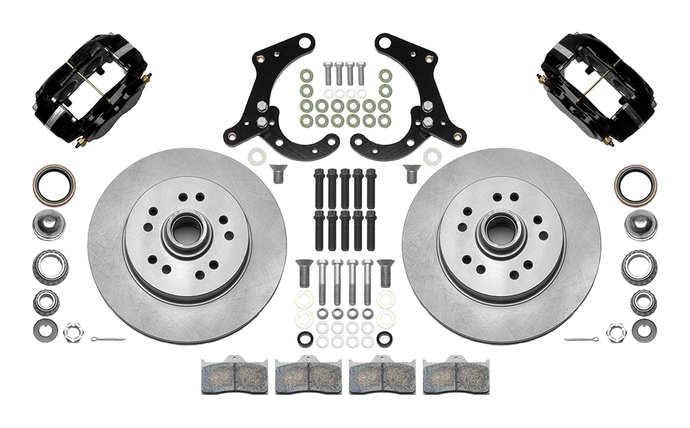 Wilwood Classic Series Dynalite Front Brake Kit Parts Laid Out - Black Powder Coat Caliper - Plain Face Rotor