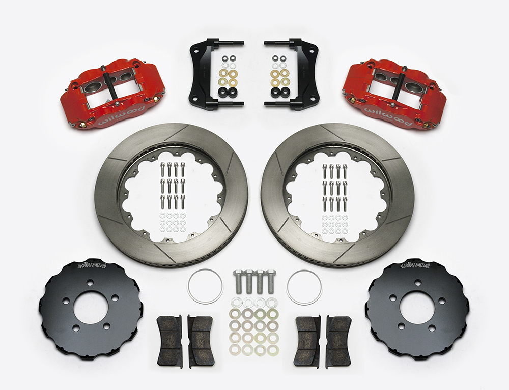 Wilwood Forged Narrow Superlite 6R Big Brake Front Brake Kit (Hat) Parts Laid Out - Red Powder Coat Caliper - GT Slotted Rotor