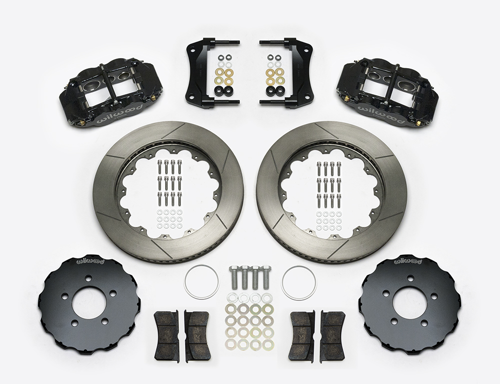 Wilwood Forged Narrow Superlite 6R Big Brake Front Brake Kit (Hat) Parts Laid Out - Black Powder Coat Caliper - GT Slotted Rotor