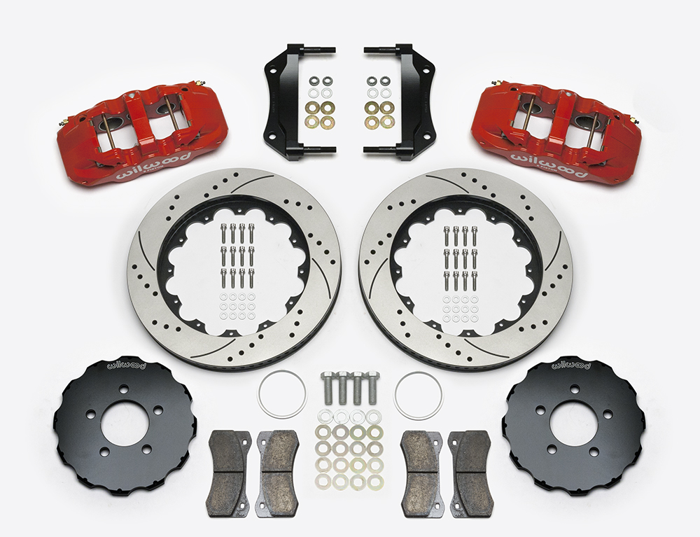 Wilwood AERO6 Big Brake Front Brake Kit Parts Laid Out - Red Powder Coat Caliper - SRP Drilled & Slotted Rotor
