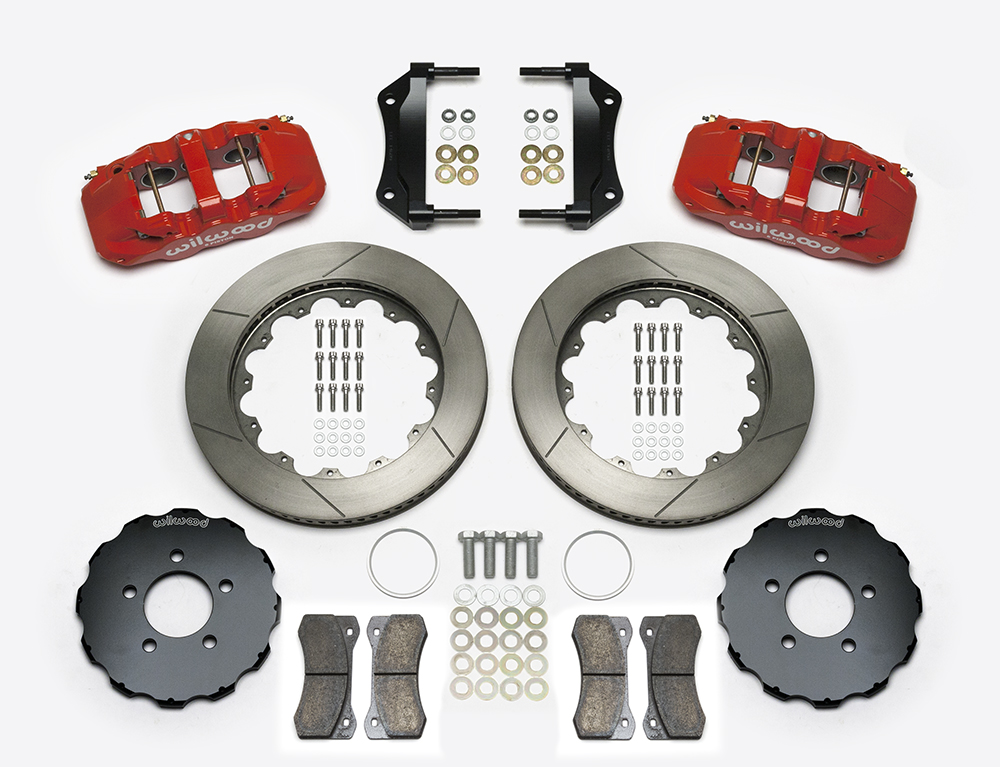 Wilwood AERO6 Big Brake Front Brake Kit Parts Laid Out - Red Powder Coat Caliper - GT Slotted Rotor