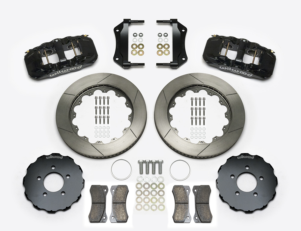 Wilwood AERO6 Big Brake Front Brake Kit Parts Laid Out - Black Powder Coat Caliper - GT Slotted Rotor