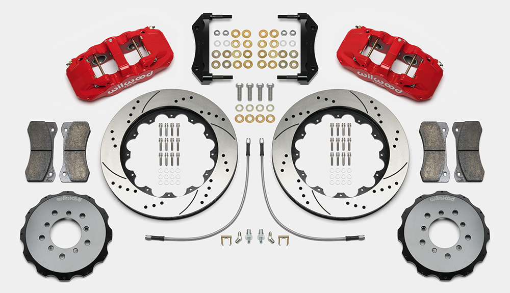 Wilwood AERO6 Big Brake Front Brake Kit Parts Laid Out - Red Powder Coat Caliper - SRP Drilled & Slotted Rotor