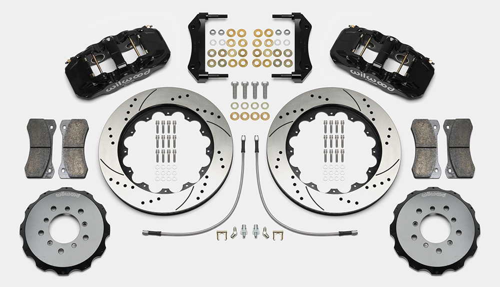 Wilwood AERO6 Big Brake Front Brake Kit Parts Laid Out - Black Powder Coat Caliper - SRP Drilled & Slotted Rotor