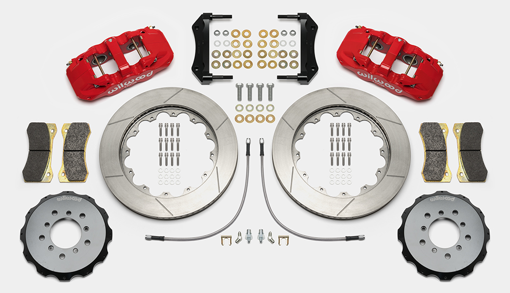 Wilwood AERO6 Big Brake Front Brake Kit Parts Laid Out - Red Powder Coat Caliper - GT Slotted Rotor