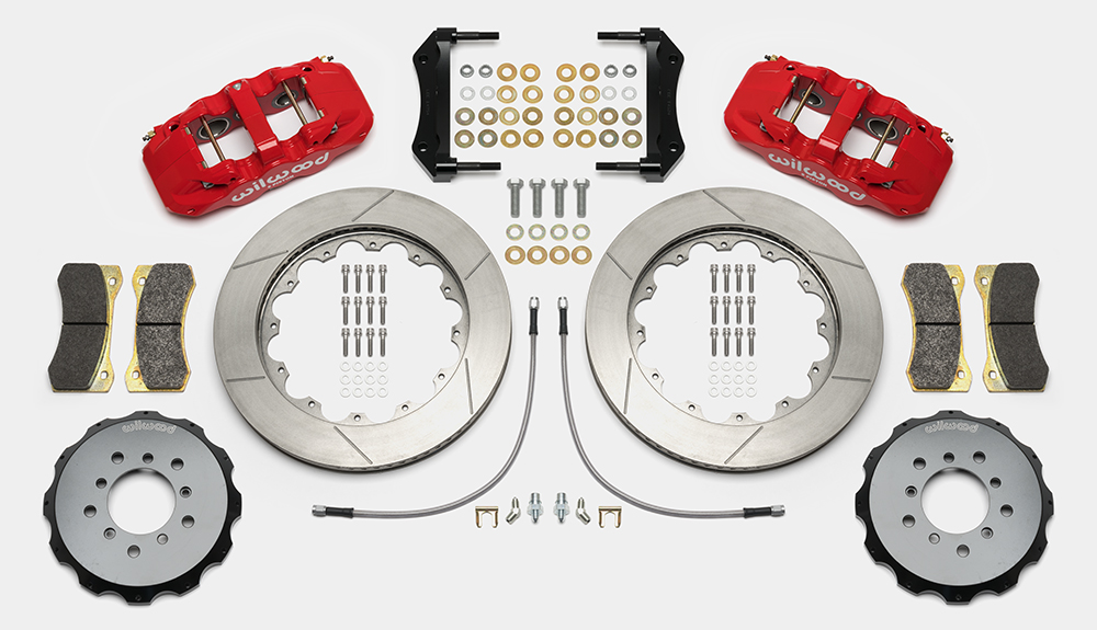 Wilwood AERO6 Big Brake Front Brake Kit Parts Laid Out - Red Powder Coat Caliper - GT Slotted Rotor