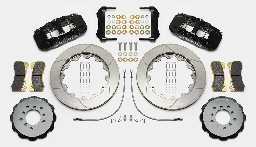 Wilwood AERO6 Big Brake Front Brake Kit Parts Laid Out - Black Powder Coat Caliper - GT Slotted Rotor