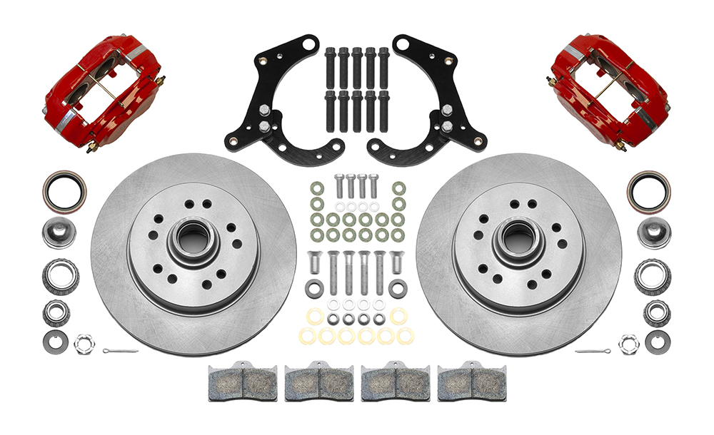 Wilwood Classic Series Dynalite Front Brake Kit Parts Laid Out - Red Powder Coat Caliper - Plain Face Rotor