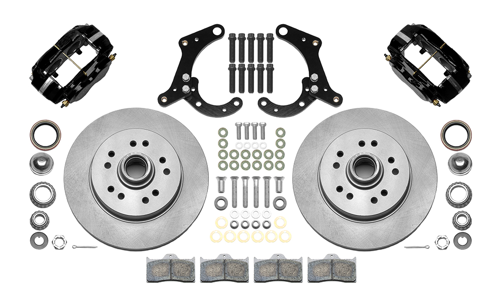 Wilwood Classic Series Dynalite Front Brake Kit Parts Laid Out - Black Powder Coat Caliper - Plain Face Rotor