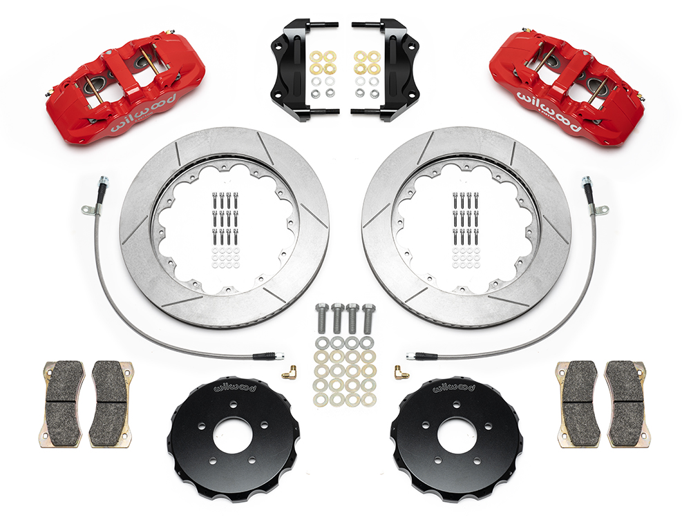 Wilwood AERO6 Big Brake Front Brake Kit Parts Laid Out - Red Powder Coat Caliper - GT Slotted Rotor