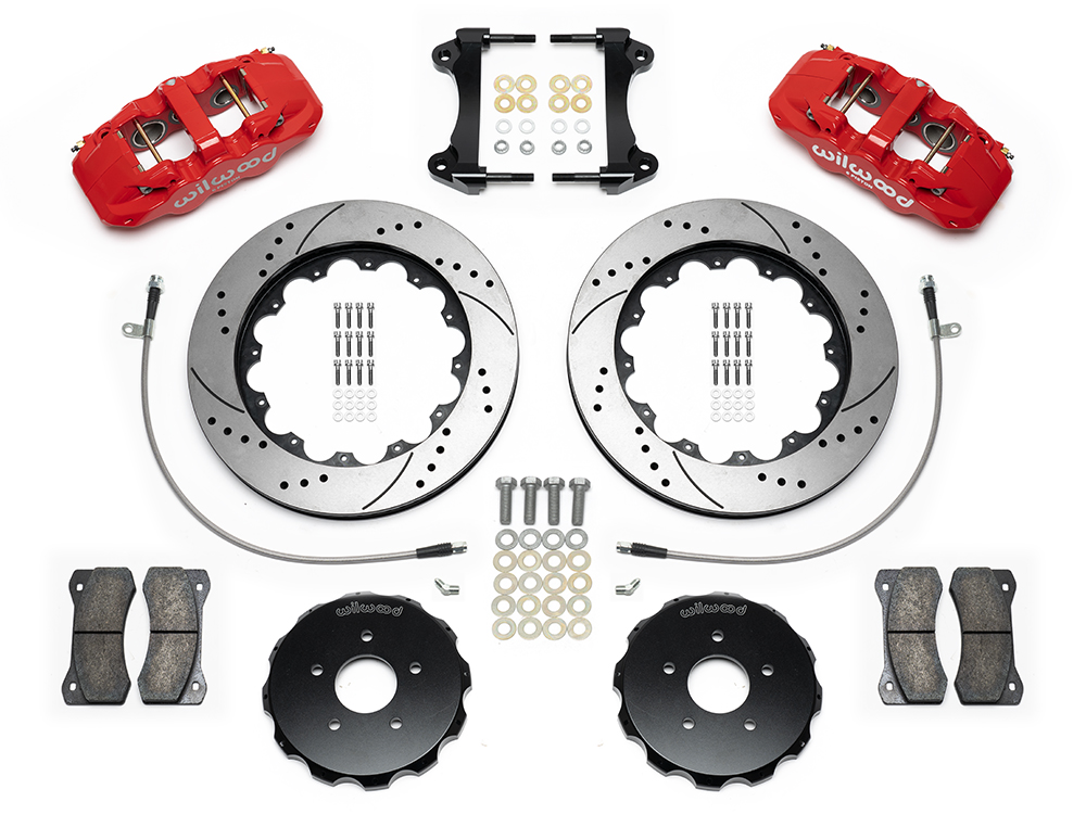 Wilwood AERO6 Big Brake Front Brake Kit Parts Laid Out - Red Powder Coat Caliper - SRP Drilled & Slotted Rotor