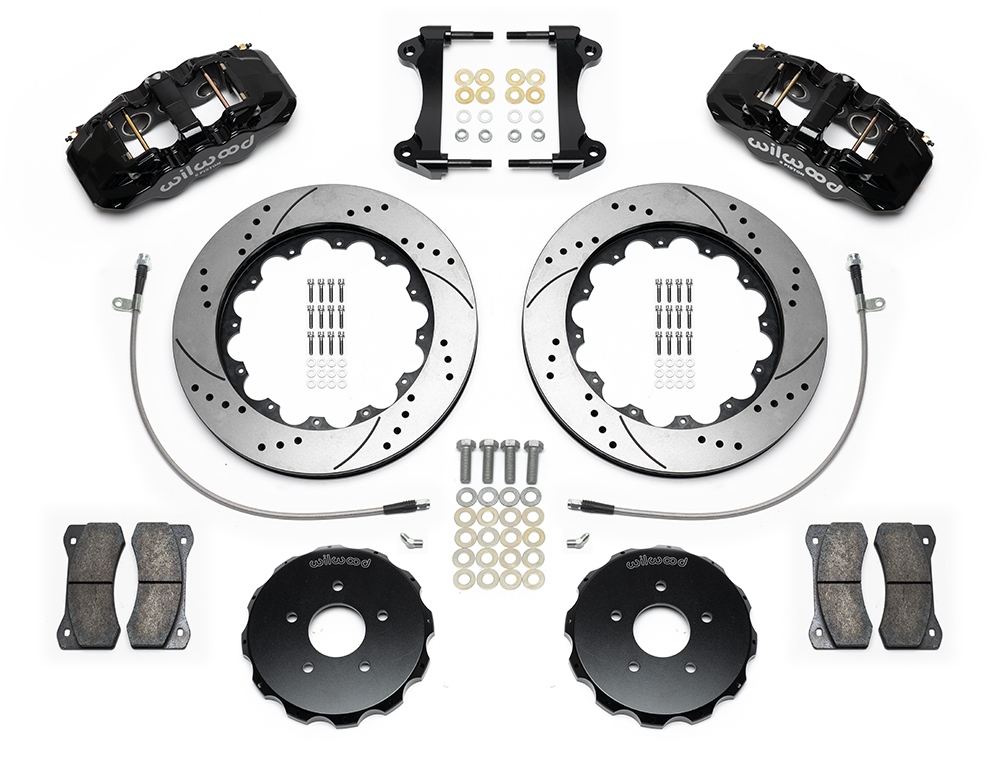 Wilwood AERO6 Big Brake Front Brake Kit Parts Laid Out - Black Powder Coat Caliper - SRP Drilled & Slotted Rotor