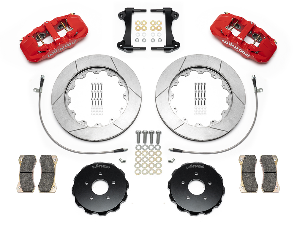 Wilwood AERO6 Big Brake Front Brake Kit Parts Laid Out - Red Powder Coat Caliper - GT Slotted Rotor