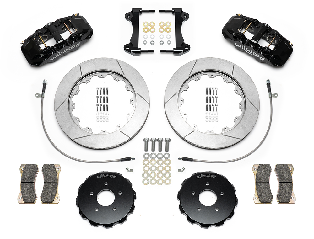 Wilwood AERO6 Big Brake Front Brake Kit Parts Laid Out - Black Powder Coat Caliper - GT Slotted Rotor